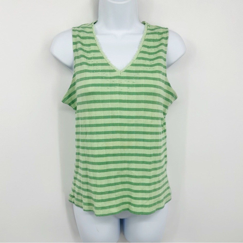 Vintage Y2K Green Stripe Tank Top Size Medium Fairycore Whimsical V Neck